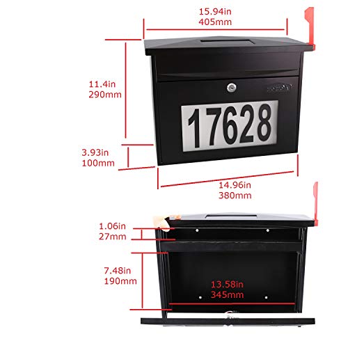 Zuozuoya Black Wall Mount Locking Mailbox - Solar House Numbers Light Large Capacity Illuminated At Night thumb #1