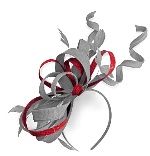 Chapeau bibi en sinamay gris argenté et rouge fait sur mesure pour femme