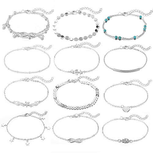 Softones 12Pcs Ankle Bracelets for Women Girls Gold Silver Two Style Chain Beach Anklet Bracelet Jewelry Anklet Set,Adjustable Size