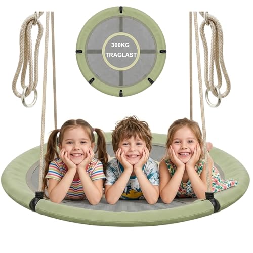 Nestschaukel 120 cm Rundschaukel Outdoor & Indoor - Belastbarkeit 300 kg - Korbschaukel Kinderschaukel - Gartenschaukel Höhenverstellbar, Tellerschaukel für Kinderzimmer, Graugrün