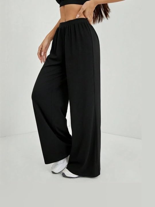 Image of Women's Casual Black Straight Fit Pants | Soft Pants with Adjustable Drawstring & Side Pockets