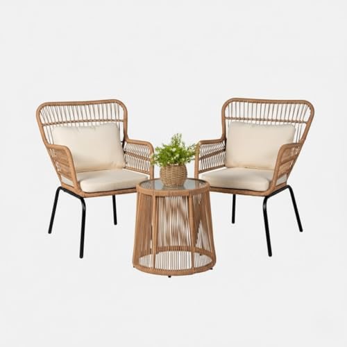 Image of LOCCUS 3-Piece Patio Bistro Set - Outdoor Woven Rope Balcony Furniture with Glass Top Table & Cushioned Chairs for Backyard, Balcony, Porch & Lawn (Beige & Cream) Comfortable Outdoor Seating Suitable