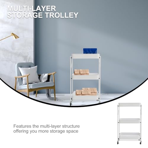 BUTIFULSIC 炭素鋼製 多目的 小型トロリー 3段収納 キャスター付き 折り畳み式 設置不要 家庭用雑貨収納カート 台所やリビングの スムーズ移動可能な 白色ワゴン [3]