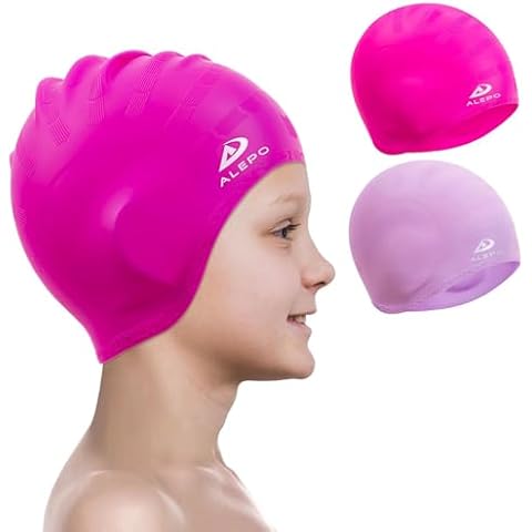 Alepo 2 Pack Kids Swim Caps for Boys Girls, Durable Silicone Swimming Cap Cover
