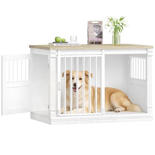 HEXCELEN 101cm Hundekäfig- Möbel, Hundebox Holz, Hundebox für Zuhause mit 3 Türen, Schiebetüren, für Kleine, Mittlere, Große Hunde, Robuster, Beistelltisch, 101 x 60, 5 x 70 cm, Weißeiche und Weiß