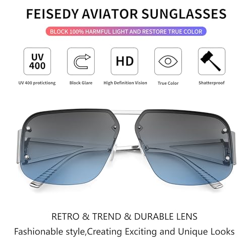 FEISEDY Trendy Aviator Sunglasses for Women Men Retro Metal Rimless Frame Square Shades B29854