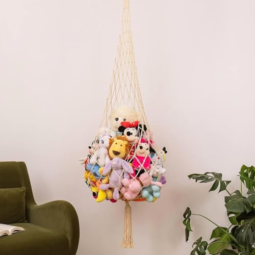 DEANKEJI Hamac Peluche, Corde Tressée en Coton Filet Peluche, Blanc Crème Range Doudou, avec Crochet et Tube Extensible, pour Peluches, Oreillers, Ballons de Football – vue 6