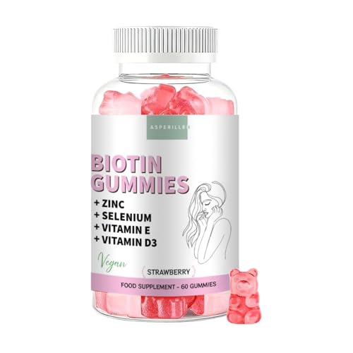 Biotina Gummies 10.000 mcg Sabor Fresa - Gominolas de Biotina con Selenio y Zinc para el Cabello, Piel y Uñas - Vitaminas para el Cabello con Vitamina E y D3 - Vegano, No-GMO, Sin Gluten, 60 Unidades