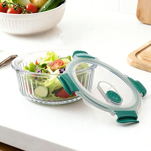 Image of Stegl 400ml Glass Food Container Airtight Storage Container with Slip-Vent Lid | Round Striped Design Meal Prep Food Container | Microwave & Fridge Safe
