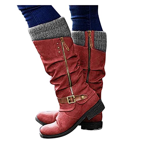 AODONG Cowboy Boots for Women Square Toe Women Knee High Platform Boots Retro Ankle Boots Winter Short Boots Red