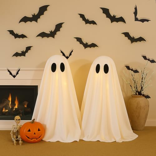 Halloween Decorations Set-2 Pack Glowing Ghosts with LED Lights & 120pcs 3D Bats Wall Decals-Spooky Halloween Decor for Indoor Outdoor Party,Table,Fireplace,Window and Room Decoration