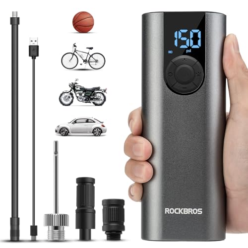 Image of ROCKBROS Air Pump Portable Cordless Tire Inflator 150 PSI 2600mAh Battery Powered Air Compressor with Tire Pressure Gauge for Car,Bicycle, Motorcycle, Ball and More
