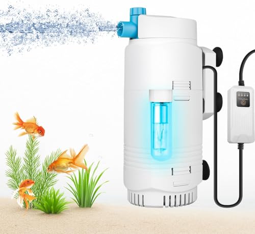 Image of 136GPH Aquarium Filter with U-V Light and Timer for 10-40 Gal Tank | For 10-40 gal small tanks; adjustable flow, direction control, aeration and daily U-V timer