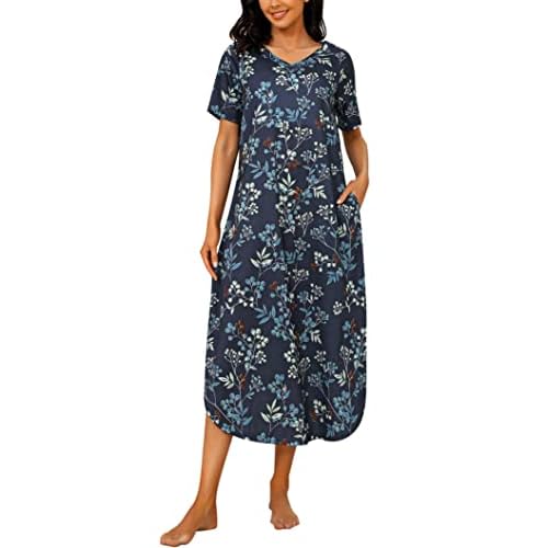 Marvmys Women Short Sleeves Long Nightgown Super Soft Sleepwear Comfy V Neck Cotton Nightshirts with Pocket Navy Palnt Small