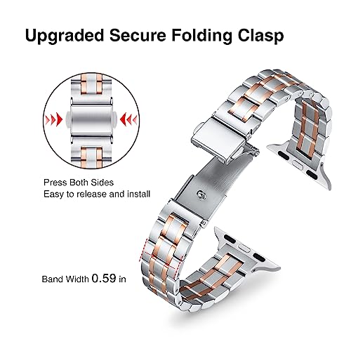 Stiroll Thin Replacement Band Compatible For Apple Watch 38Mm 40Mm 41Mm 42Mm 44Mm 45Mm 49Mm, Stainless Steel Metal Wristband Women Men For Iwatch Ultra Se Series 8/7/6/5/4/3/2/1(Silver+Rose Gold) #TOP2