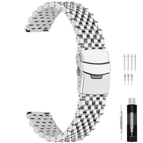 Juntan 20mm Stainless Steel Watch Band, 7 Half Beads Polished Silver Watch Bands for Men Women, Metal Quick Release Watch Strap Watch Bracelet with Deployment Double Folding Buckle