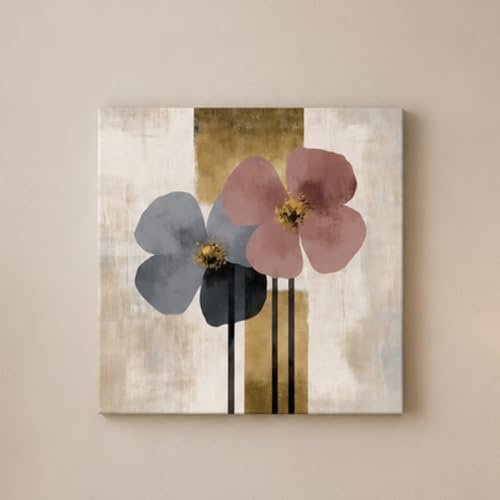 Image of PAINTINGMANTRA Modern Floral Abstract Stretched Canvas Painting for Living Room | Minimal Botanical Bloom Wall Decor Art For Livingroom, Bedroom, Office, Hallways - 16x16 Inch
