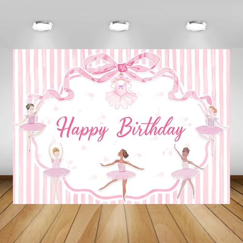 MEHOFOND Ballet Girls Happy Birthday Backdrop Pink Bow Ballerina Birthday Decorations Ballerina Party Banners Ballet Themed Hanging Banner Decor for Girls Tutu Dance Party Supplies