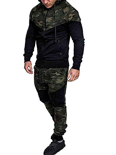 Mens 2 Piece Set Tracksuit Camouflage Sweatshirt Jogger Sweatpants Jogging Suits Sweatsuit (# 3 Army Green, L) #TOP1
