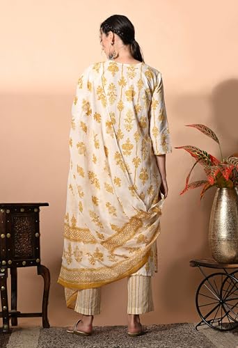 Image of Amazon Brand - Tavasya Women Cotton Anarkali Kurta Pant Dupatta Set | Printed Ethnic Suit Set | Flared Anarkali Kurta with Pant & Dupatta | Festive & Casual Wear