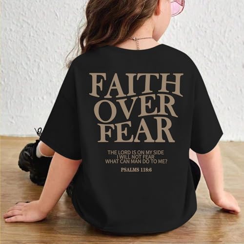 Image of Girls Faith Over Fear Christian Shirts for Kids Jesus God Bible Verse Religious Tshirt Cute Preppy Graphic Tees Tops