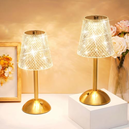Image of Liliful 2 Pcs Cordless Table Lamp Rechargeable Touch LED Small Gold Portable Battery Operated USB-c Desk Lamp 3 Color Dimmable for Bedroom Living Room Dining (Gold,Crystal Cut Style)