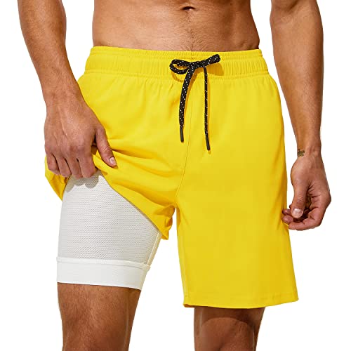 Image of HODOSPORTS Mens 7 inch Swim Trunks with Compression Liner S-6XL Quick Dry Swimming Shorts Zipper Pockets Swimsuits