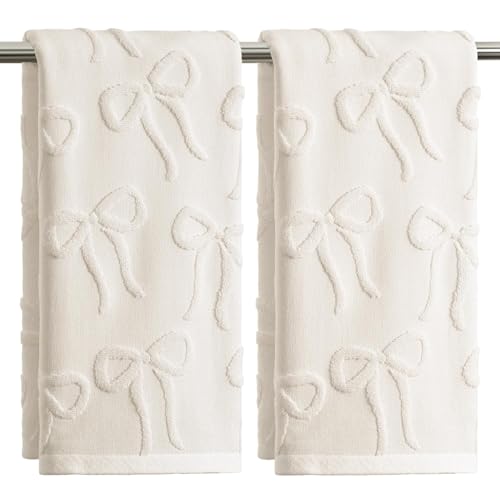 Artoid Mode 2 Pcs Beige 3D Bowknot Jacquard Hand Towels for Bathroom 100% Cotton Absorbent Bathroom Decor Soft Towels 13.7 x 29.5 Inch