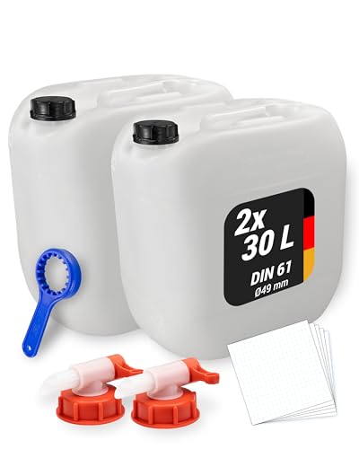 Trevendo 2er-Set Wasserkanister - Leerkanister - Kunststoffkanister (30 Liter DIN 61 Ø49 mm) - lebensmittelecht & BPA-frei - inkl. Deckel 2 Auslaufhähne Ringschlüssel & 5 Beschriftungsetiketten