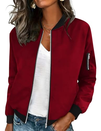 HOTOUCH Women Bomber Jacket Casual Zip Up Fashion Coats Long Sleeve Light Flight Jackets Red L