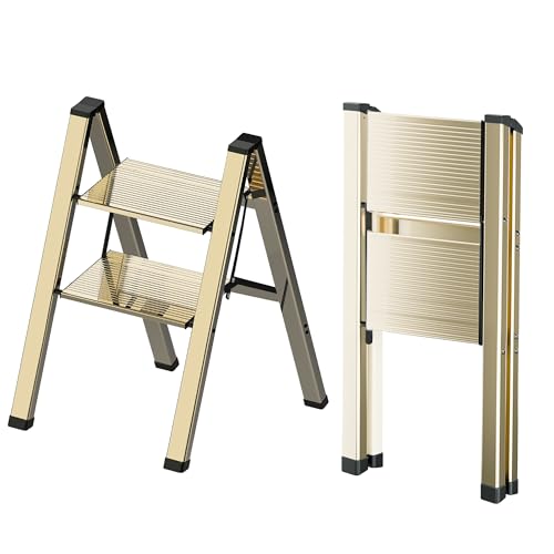 2 Step Lightweight Folding Ladder for Home 330lbs Aluminum Step Ladder Anti-Slip for Kitchen Step Stool Foldable Adults for Closet 330lbs - Champagne Gold