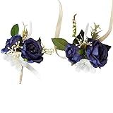 MAFELOE Wrist Corsage and Boutonniere Set for Wedding Prom Party Homecoming Celebration Artificial Flowers Accessories Suit Decor 2Pcs- Dark Blue (Blue Purple)