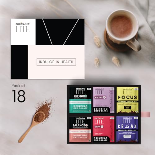 Image of Cocosutra LITE Sugar Free Drinking Chocolate Hamper | 3*6 Single Serve Sachets | 6 Function Based Hot Chocolate | No Sugar, Low Carb, Low Calorie | Stevia & Erythritol based | Gift Box | Vegan | 360g
