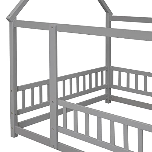 Bellemave Full Size House Floor Bed,Wooden Montessori Bed with Fence and Roof for Kids,Playhouse Full Bed Frame for Girls,Boys(Full,Gray)