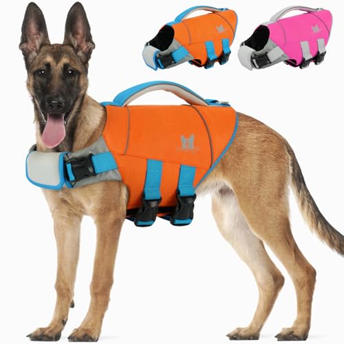 IECOii Dog Life Jacket for Swimming & Boating,Reflective and Adjustable Dog Life Vest with Rescue Handle Orange X-Large