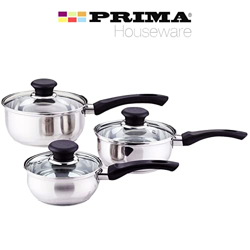 NTI 6 Pcs Prima Stainless Steel Saucepan Set Induction Cooking Pot Glass Lid Sturdy Handles Housewarming Gifts Home Kitchen Chef Healthy Food Cooker Cookware 16/18/20CM UK Free P&P, Silver & Black - Image 2