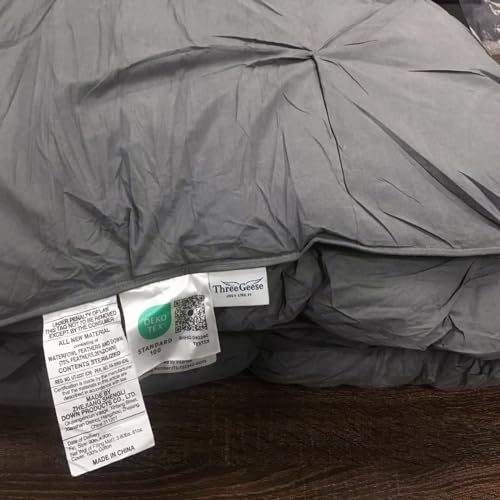 Three Geese Pinch Pleat Waterfowl Feathers and Down Comforter Queen Size Duvet Insert, 1200TC 100% Cotton Fabric, Premium All Seasons Grey Hotel Warm Comforter with 8 Tabs.