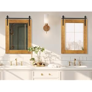 Farmhouse wall mirror 22 x 30 rustic wood framed wall mirrors barn door style rectangle decorative wall mounted mirror for bathroom living room bedroom entryway brown  urban country home decor