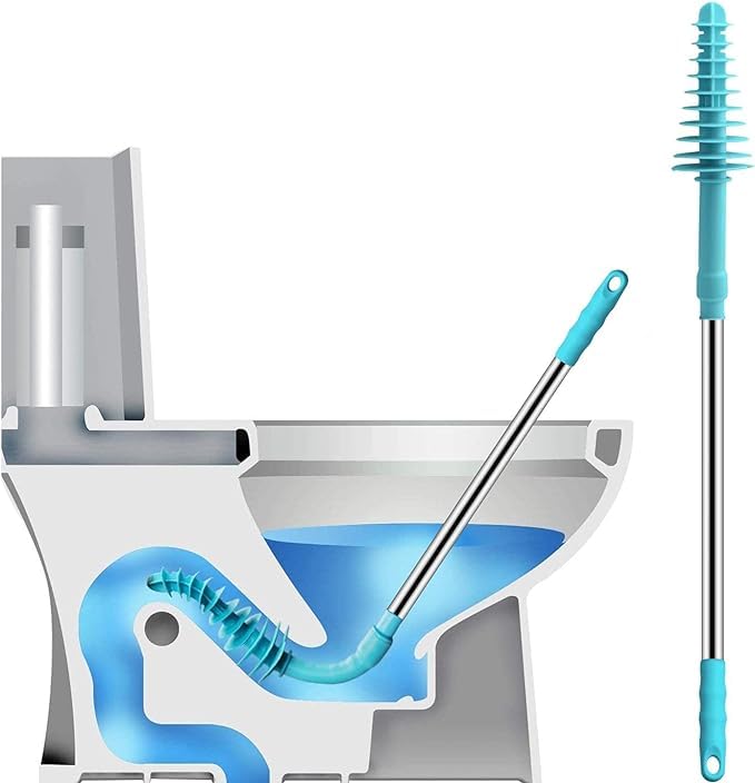 Sbloccante per WC resistente, a pistone, con testa in gomma flessibile da 72 cm, con manico in acciaio inox, per WC a sifone intasato (blu)