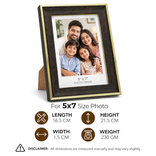 Image of GOLDEN PEACOCK 5x7 Inch Photo Frame in Dark Wood and Gold Finish for Tabletop Display or Wall Hanging, Holds Family Photos, Suits Home and Office