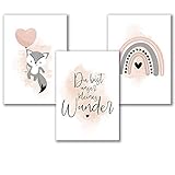Aquarell Kinderzimmer Poster für Mädchen in Rosa Grau, Spruch Bilder Babyzimmer Deko, Tierbilder Fuchs, Regenbogen Dekoration, 3er Set A4, ohne Rahmen