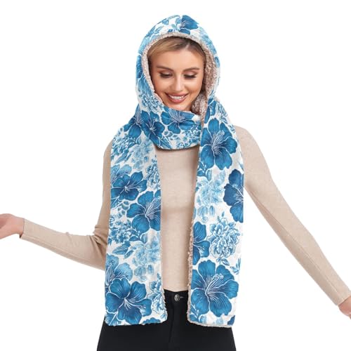Bonnet d'hiver chaud à capuche contre le vent écharpe longue et gants femme bleu blanc