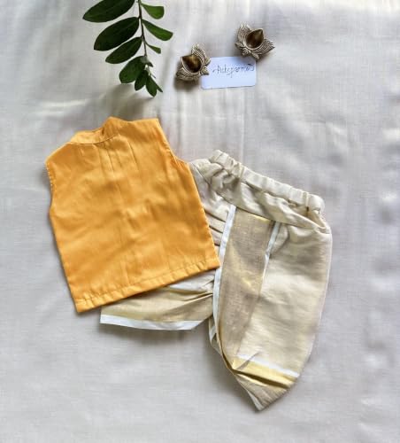 Image of Picksparrow Baby Boy Cotton Silk-Tissue Kasavu Cotton Shirt with Dhoti pant (Peacock-Sleeveless)