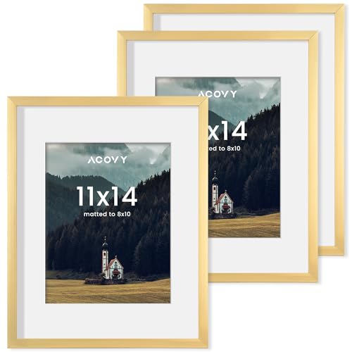 Acovy 11x14インチ 写真フレーム 11x14インチ 壁用フレーム 11x14インチ 写真フレーム マット付き 8x10インチ 11x14インチ 写真フレーム 高解像度プレキシガラス付き(ゴールド、3パック)