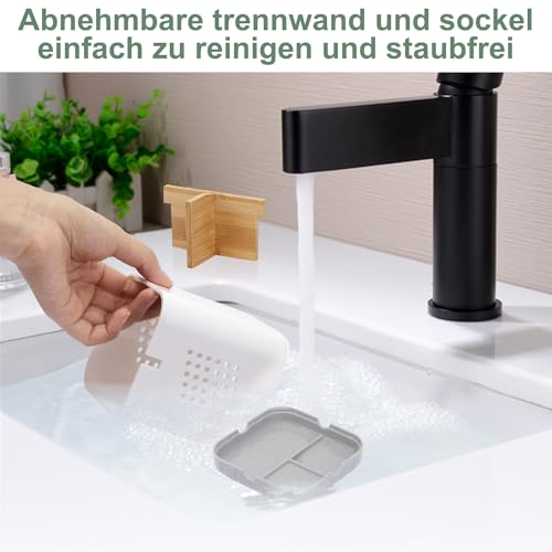 BYUNER Bambus Zahnbürstenhalter Elektrische Zahnbürste, Toothbrush Holder, Deco Badezimmer Organizer, Bathroom Organizer, Bad Zahnputzbecher Abnehmbarer Zahnbürstenhalterung mit Abflussloch（Grau/Weiß） 3