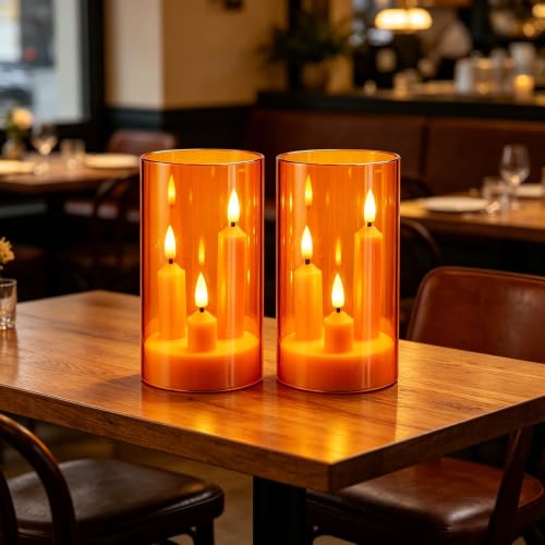 Image of Da by 2 Pack 3D Wick Flameless Taper Candles, Orange Transparent Acrylic Cover, Remote Control Flickering LED Electric Candles, Battery Operated for Halloween Thanksgiving Christmas Home Decor.