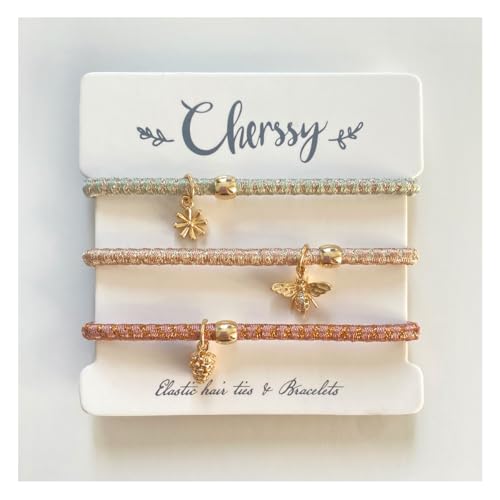 Cherssy 3pcs Bee & Pine Cone Beaded Hair Tie and Bracelets for Women