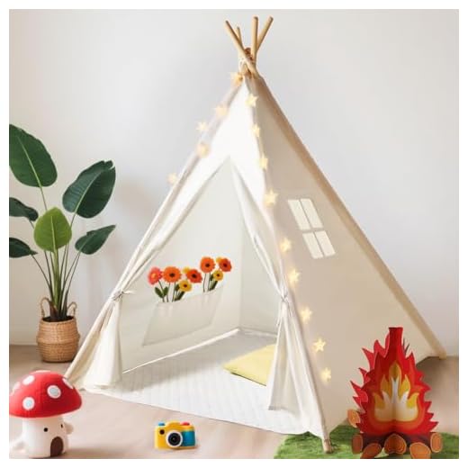 little dove Kids Foldable Teepee Play Tent with Carry Case, Banner, Fairy Lights, Feathers, Floor Mat , Four Ploes Style Raw White Color - New Version