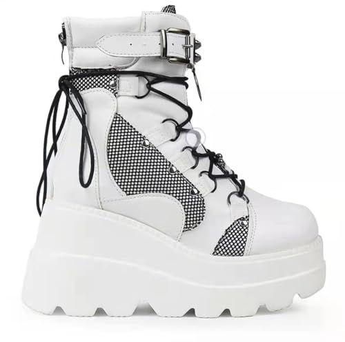 SACFOF Platform Ankle Boots for Women Chunky High Heel Booties Buckle Goth Round Toe Combat Boots Women Lace Up Motorcycle Wedges Boots3