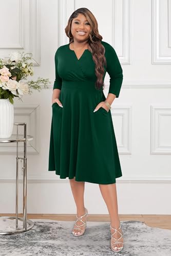 Image of Runwind Women's Plus Size Midi Dress 3 /4 Sleeve Fit and Flare Cocktail Dresses Casual V-Neck Dress with Pockets